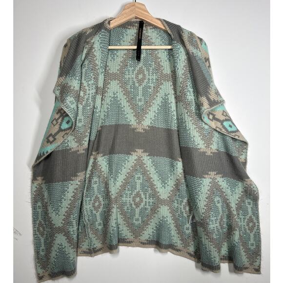 Renee C Aztec Print Cardigan Sweater Wool Mohair Open Front Knit Teal Tan Size S - Picture 11 of 13